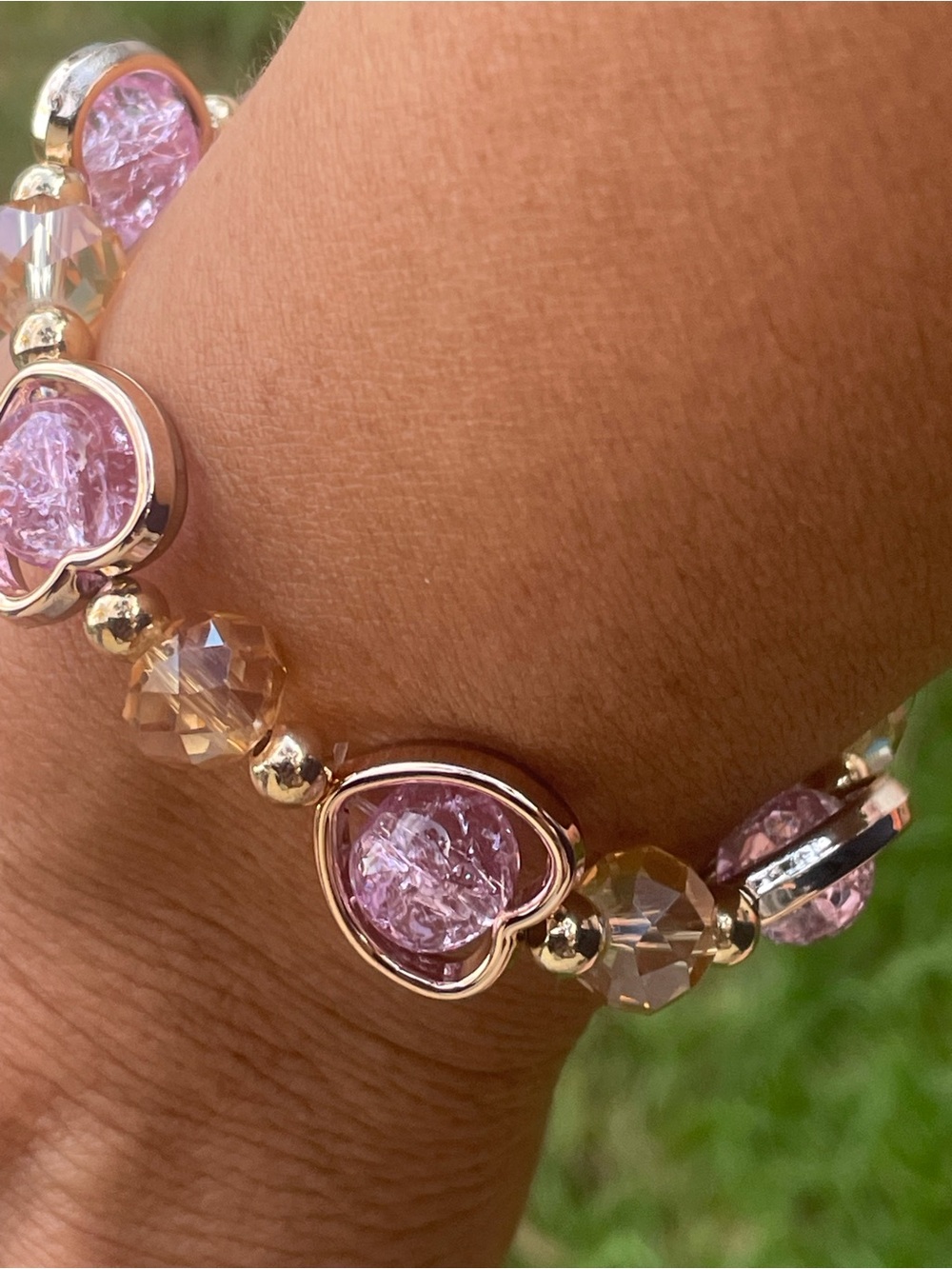 Pink Heart whimsical crackle Bead Stretch Bracelet coquette